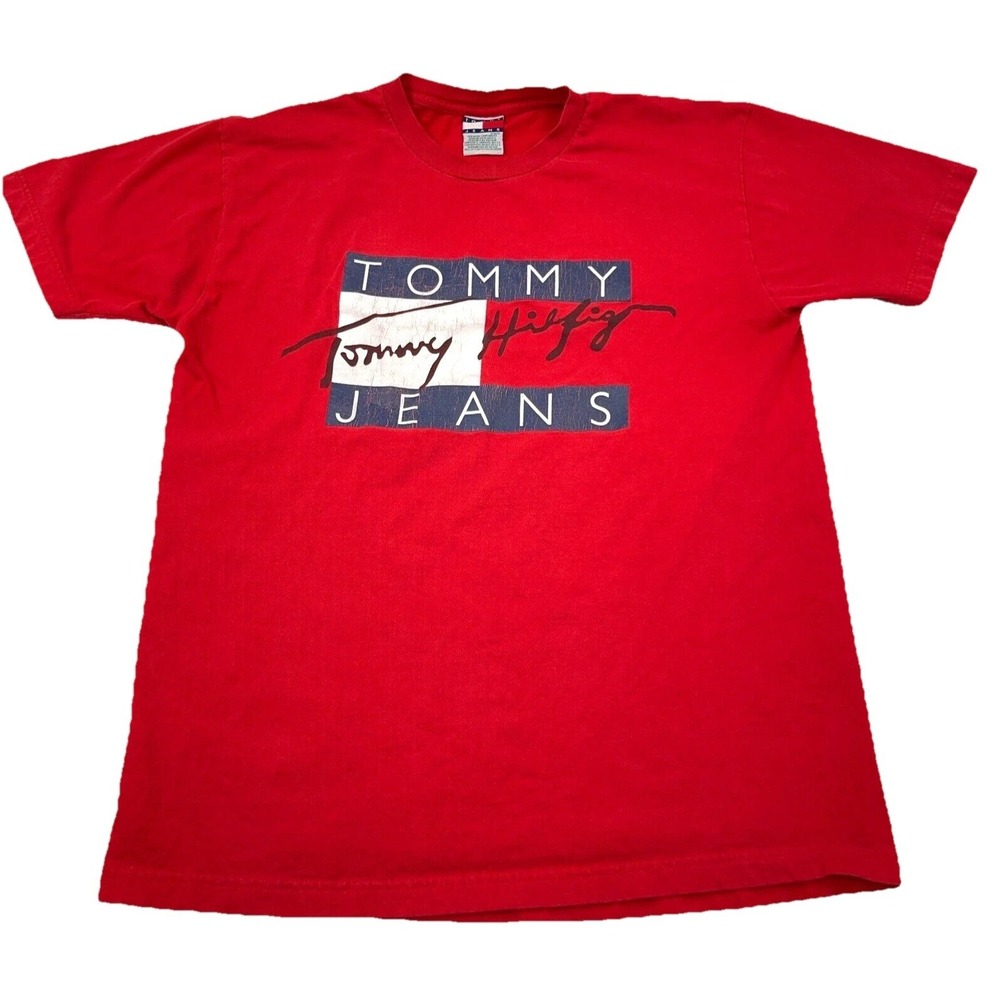 Vintage Tommy Hilfiger Shirt Men Medium Red Tee Spell Out Flag USA 90s Y2K Adult